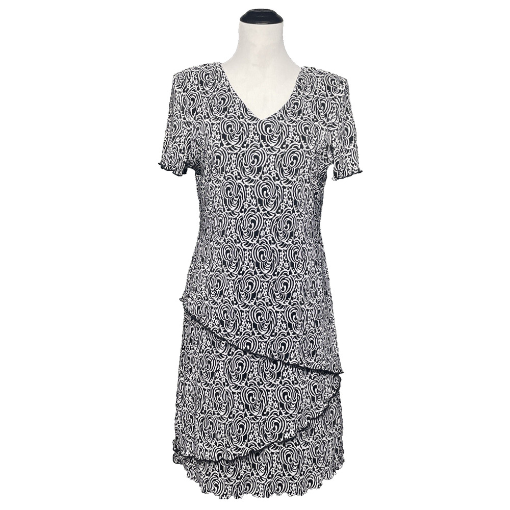 Connected Womens Sz 10 Short Slv V-Neck Pleated Tiered Mini Dress Blk Wht Floral